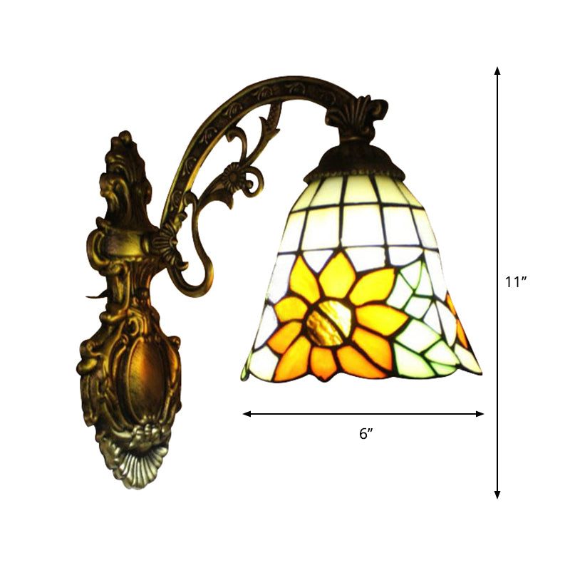 Yellow Glass Bell Shade Wall Light with Sunflower and Carved Arm 1 Bulb Rustic Sconce for Villa
