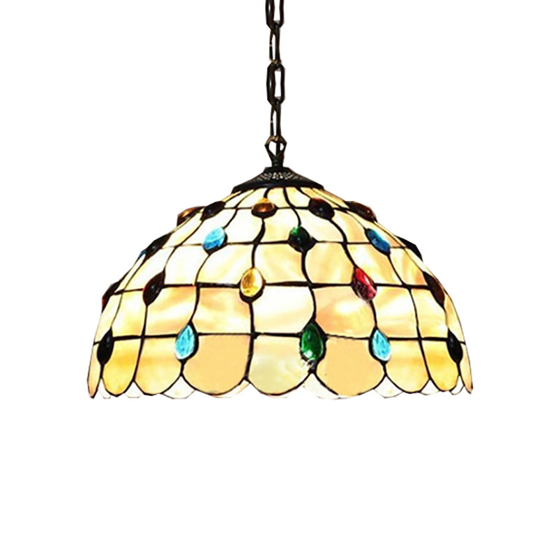 16"/19.5" W Stained Glass Bowl Drop Lamp Tiffany-Style 2 Heads Beige Pendant Lighting Fixture with Cabochons Gemstone