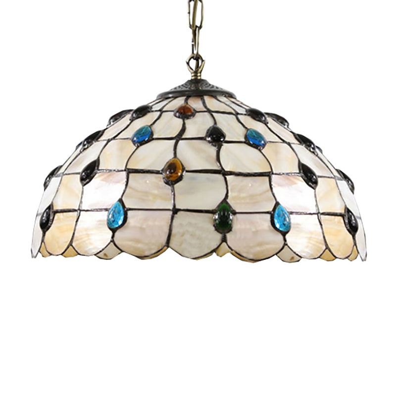 16"/19.5" W Stained Glass Bowl Drop Lamp Tiffany-Style 2 Heads Beige Pendant Lighting Fixture with Cabochons Gemstone
