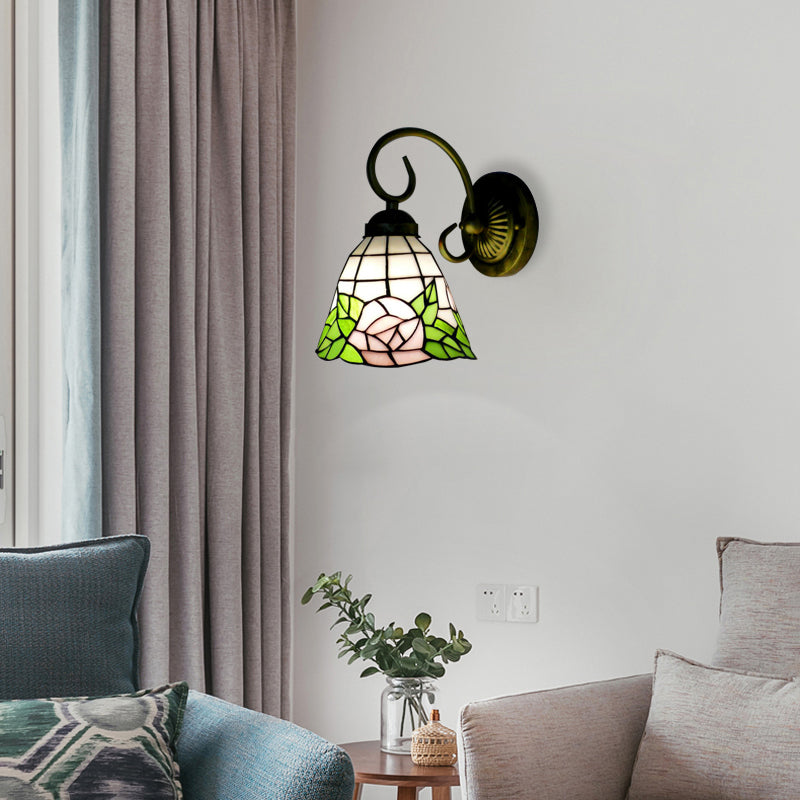 Green Bell Wall Light Fixture Tiffany 1 Head Stained Glass Sconce Light with Rose Pattern