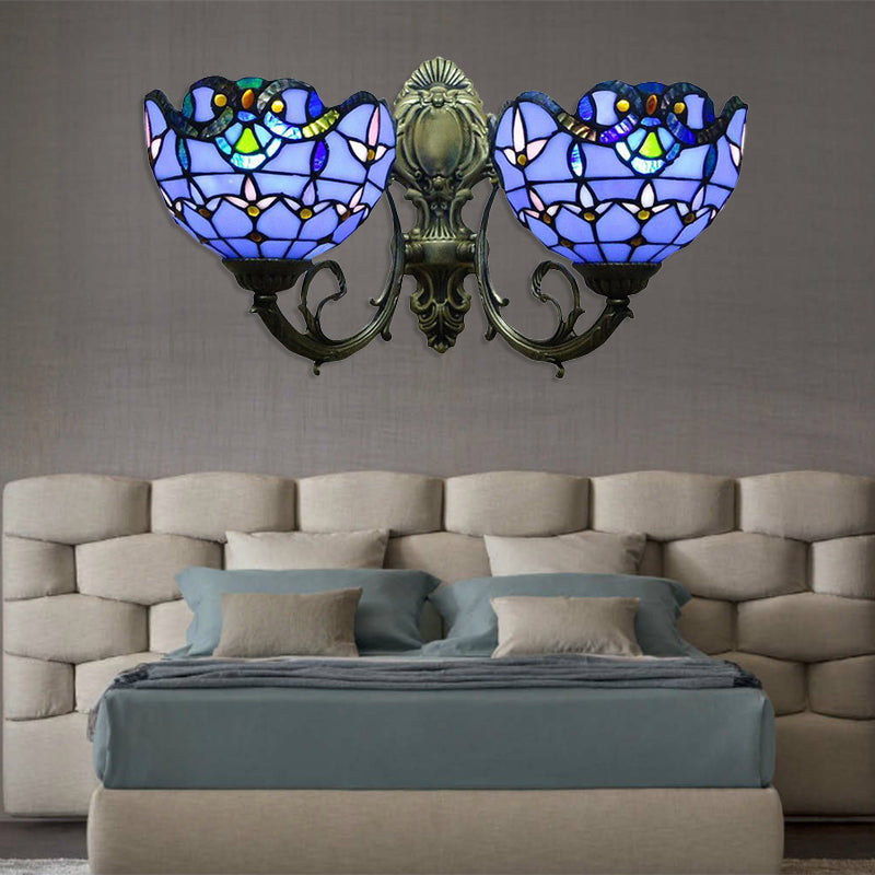 Tulip Wall Lamp Fixtures with Curved Arm Village Stained Glass 2 Lights Wall Sconce with Bowl Shade in Blue