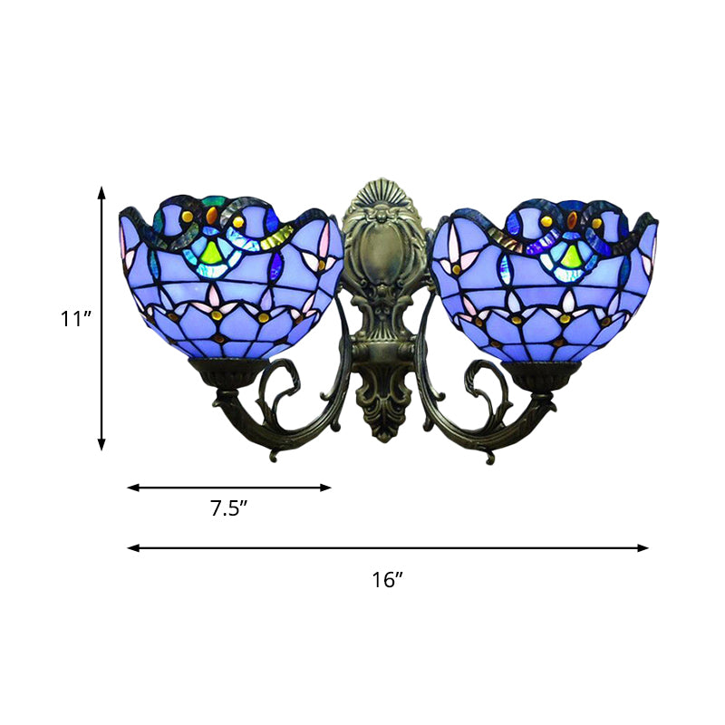 Tulip Wall Lamp Fixtures with Curved Arm Village Stained Glass 2 Lights Wall Sconce with Bowl Shade in Blue
