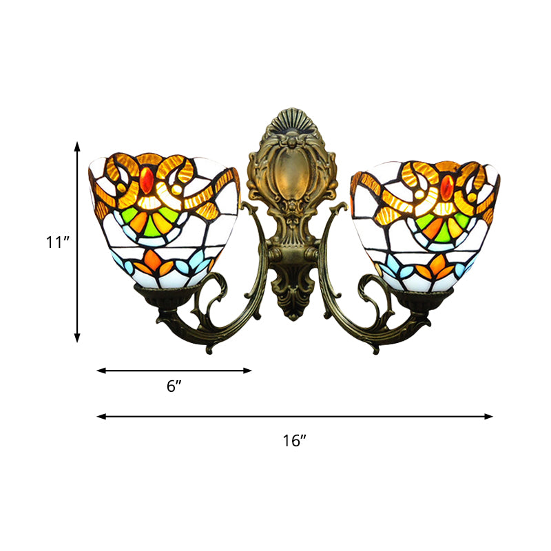 11" Height Bowl Sconce Wall Light Victorian 2 Heads Stained Glass Wall Lighting for Bedroom