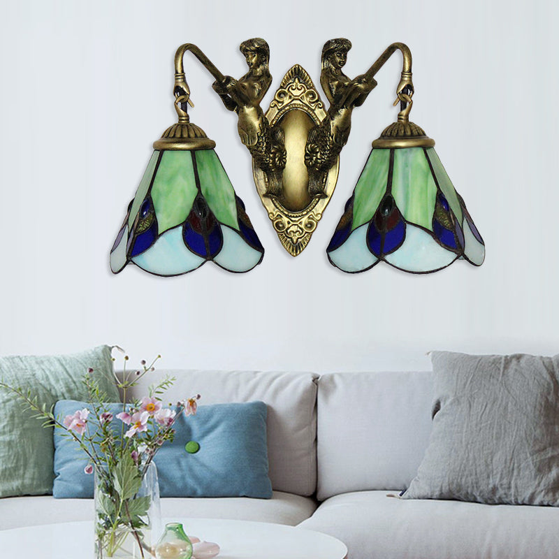 Yellow 2 Heads Wall Mount Light Tiffany Green Glass Cone Sconce Light Fixture with Mermaid Decoration