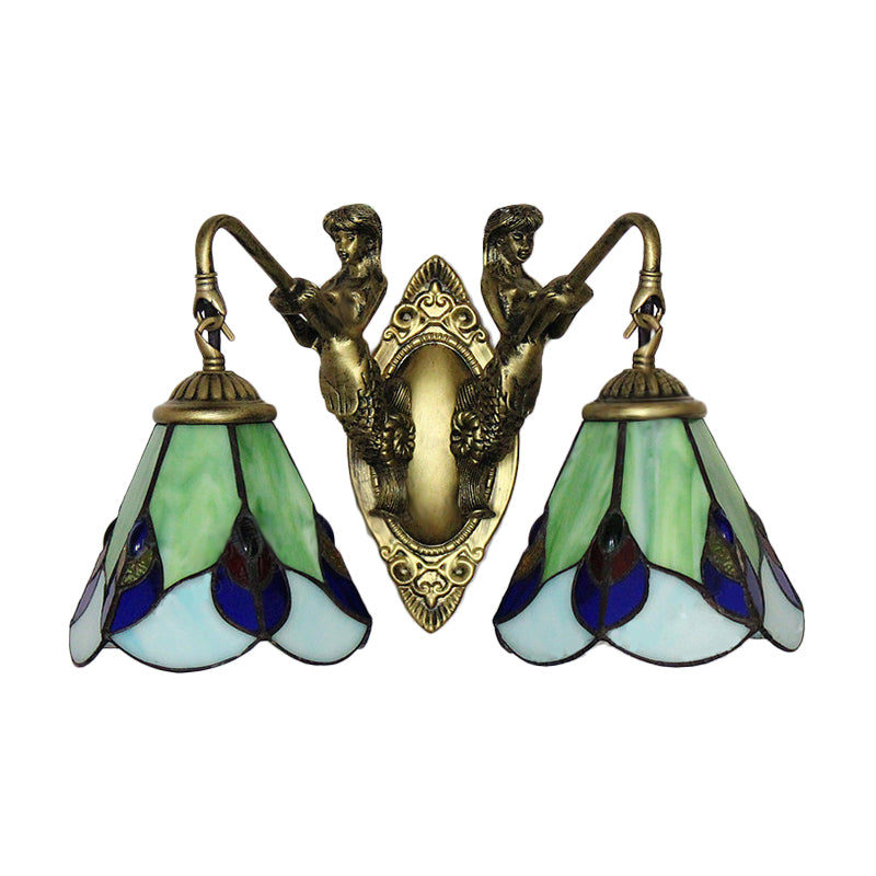 Yellow 2 Heads Wall Mount Light Tiffany Green Glass Cone Sconce Light Fixture with Mermaid Decoration