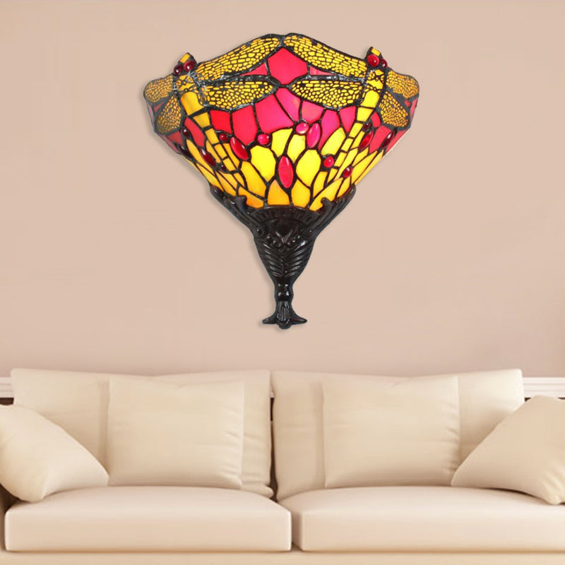 Multicolored Dragonfly Wall Lighting Lodge Stained Glass 1 Light Sconce Lamp for Bedroom