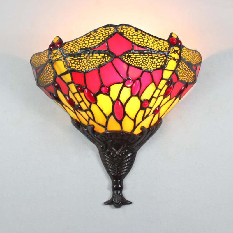 Multicolored Dragonfly Wall Lighting Lodge Stained Glass 1 Light Sconce Lamp for Bedroom