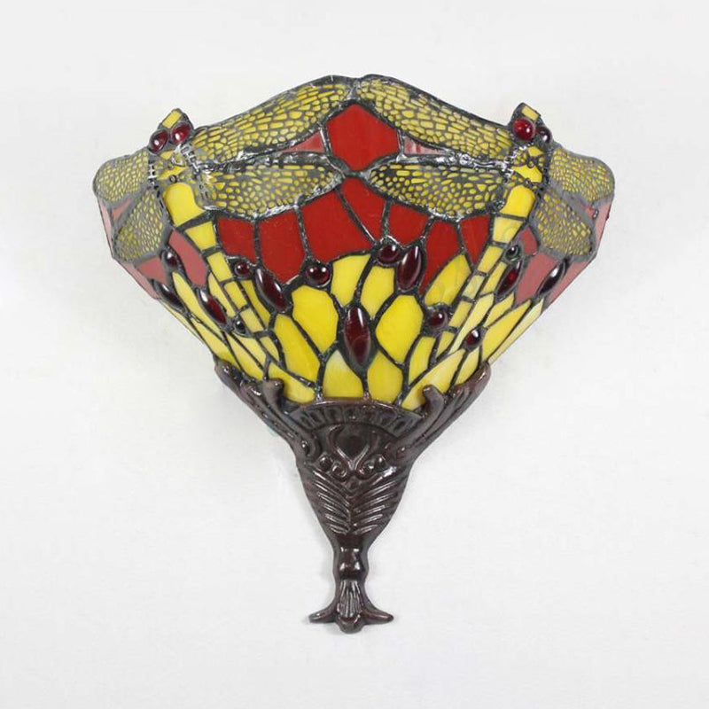 Multicolored Dragonfly Wall Lighting Lodge Stained Glass 1 Light Sconce Lamp for Bedroom