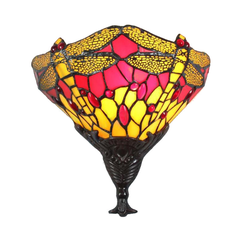 Multicolored Dragonfly Wall Lighting Lodge Stained Glass 1 Light Sconce Lamp for Bedroom