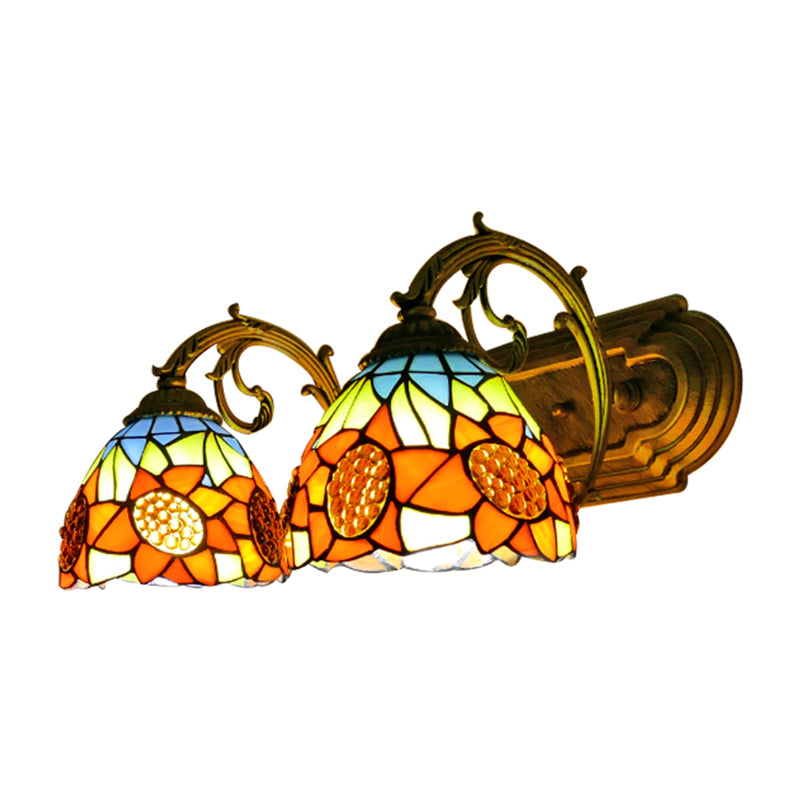 Sunflower Wall Lighting with Stained Glass Bowl Shade 2 Lights Loft Sconce Light in Orange