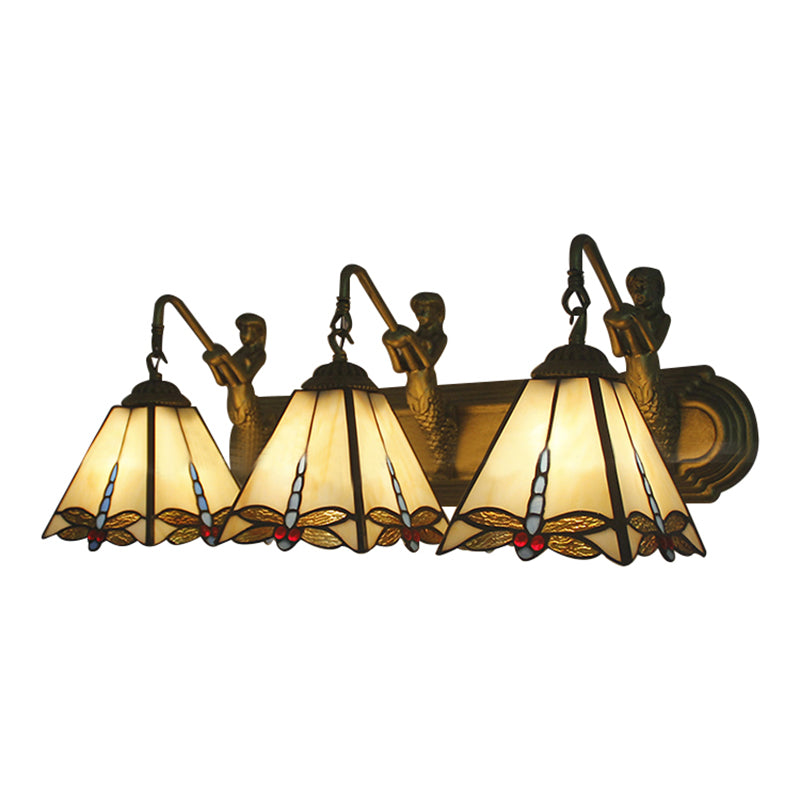 Tiffany Dragonfly Sconce Lighting 3 Heads Beige Glass Wall Mount Light with Mermaid Backplate