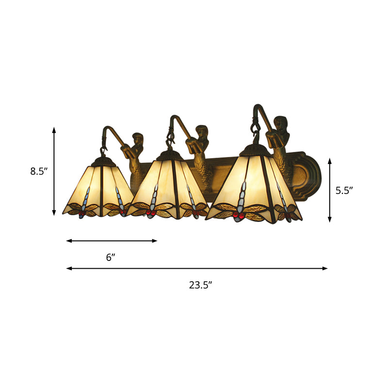 Tiffany Dragonfly Sconce Lighting 3 Heads Beige Glass Wall Mount Light with Mermaid Backplate