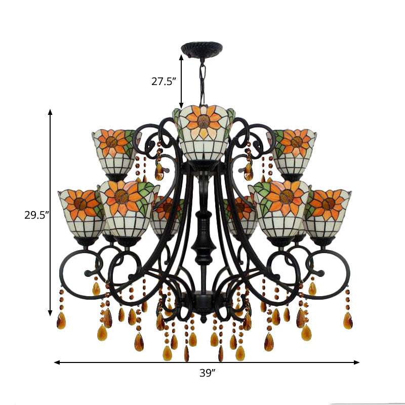 Lodge Bowl Chandelier Stained Glass 11 Lights Decorative Inverted Chandelier with Crystal in Orange