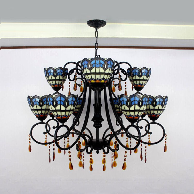 Bowl-Shaped Hanging Light Rustic Stained Glass 11 Lights Chandelier with Crystal in Blue for Dining Room