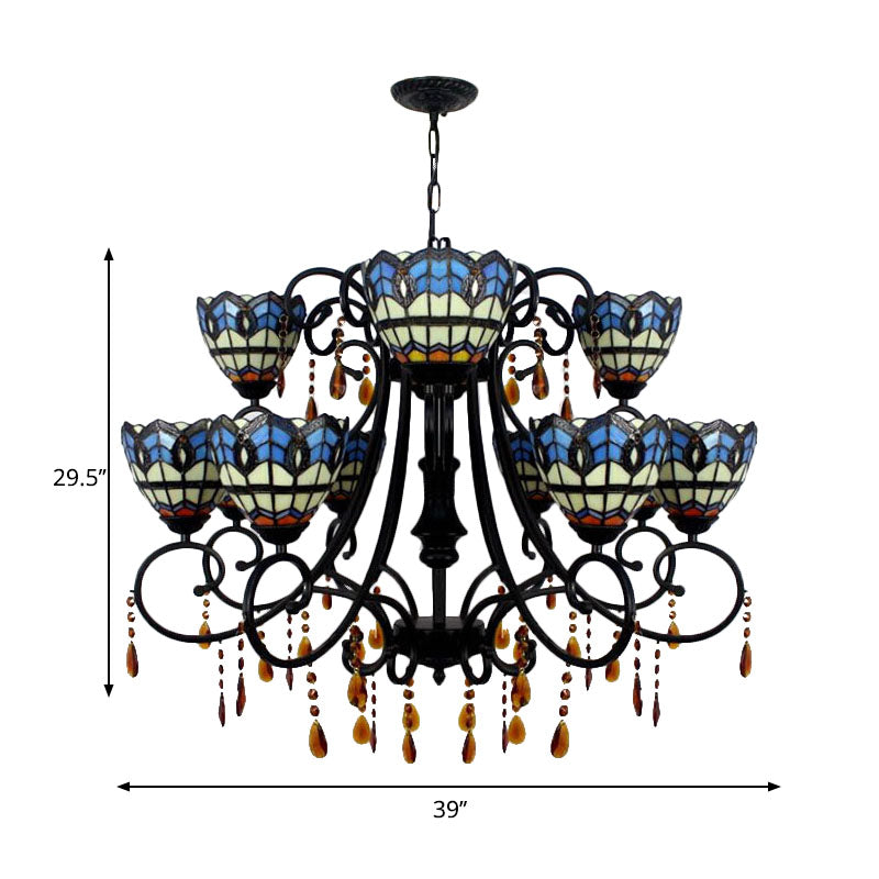 Bowl-Shaped Hanging Light Rustic Stained Glass 11 Lights Chandelier with Crystal in Blue for Dining Room