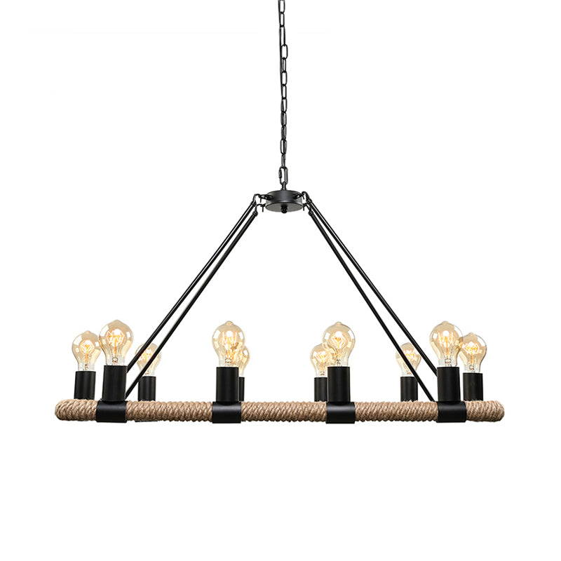 10/16 Bulbs Chandelier Lighting Loft Style Rectangular Frame Metal Pendant Lighting with Rope Detail in Black