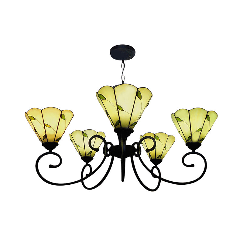 Loft Style Leaf Chandelier Lighting 5 Lights Stained Glass Hanging Pendant Light in Beige