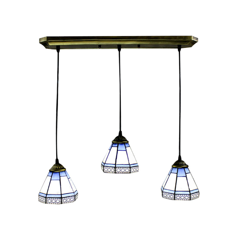 Stained Glass Tapered Swag Lamp Tiffany-Style 3 Heads Blue and White Cluster Pendant Light with Round/Linear Canopy