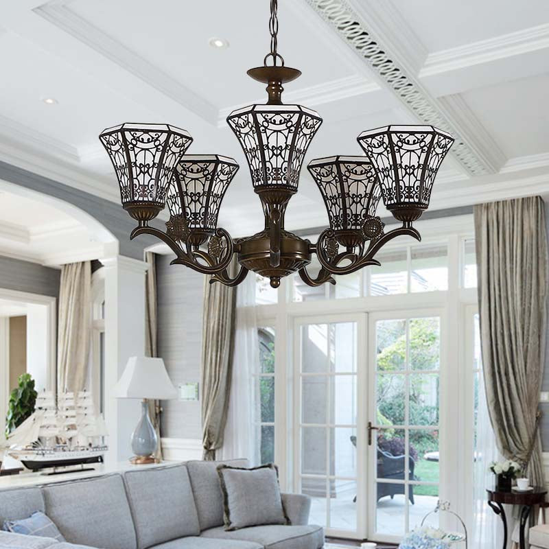 Lodge Style Bell Candant Lighting White and Black Glass 5 Luci Lampada lampadina con catena