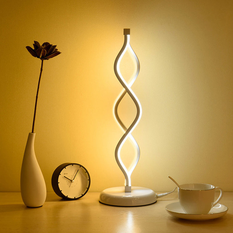 Minimalist LED Nightstand Light White Spiral Table Lamp with Metallic Shade for Bedside