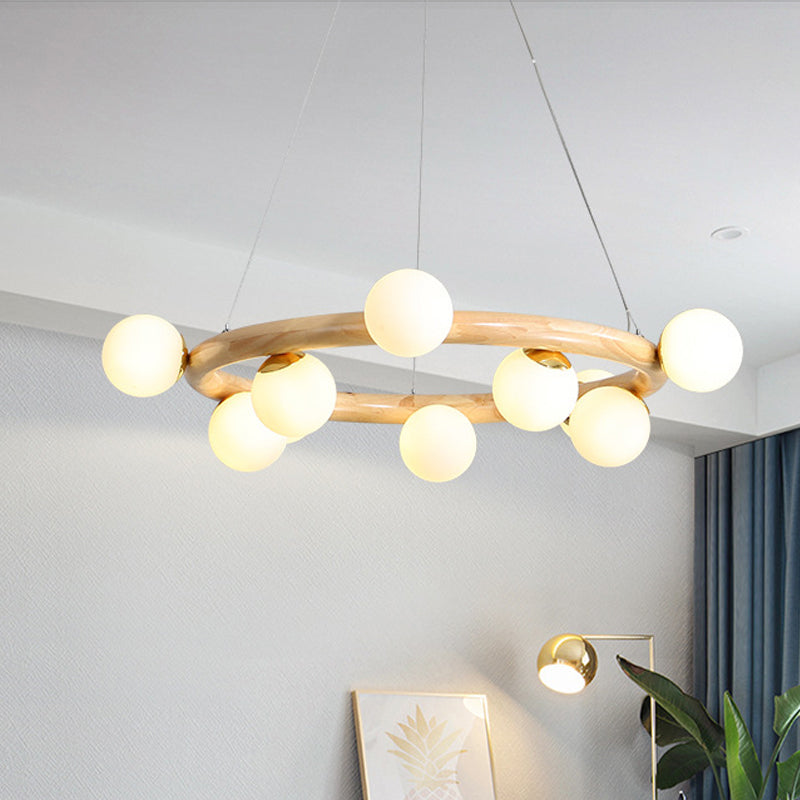 Beige wereldwijde plafondlamp modern 8/10 bollen matglas hanger kroonluchter met hout cirkelvormig ontwerp