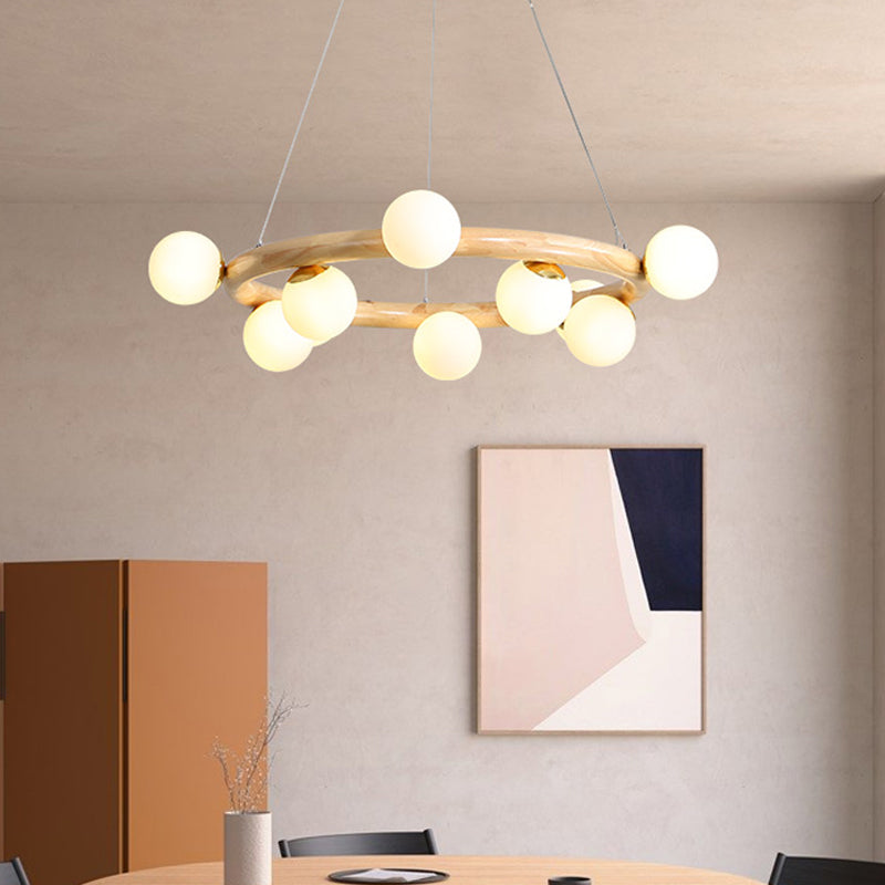 Beige wereldwijde plafondlamp modern 8/10 bollen matglas hanger kroonluchter met hout cirkelvormig ontwerp