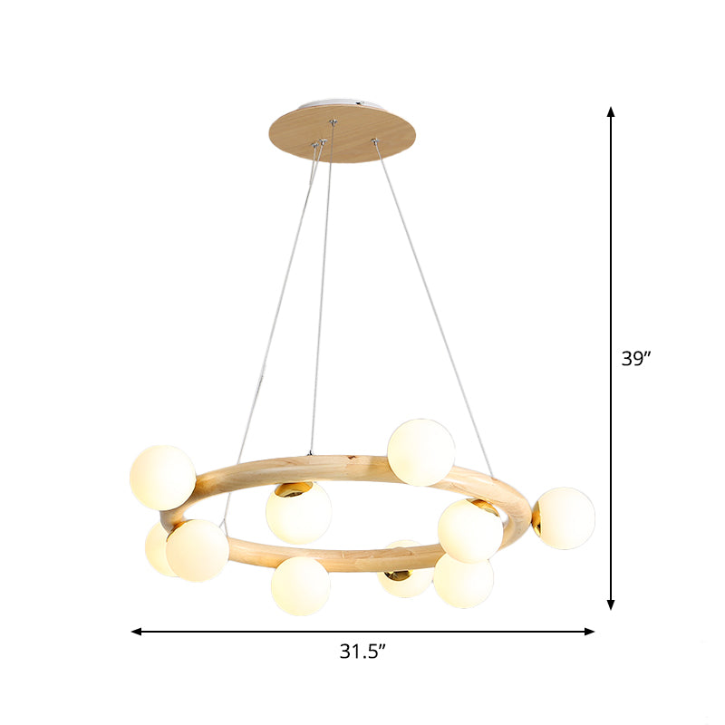 Beige wereldwijde plafondlamp modern 8/10 bollen matglas hanger kroonluchter met hout cirkelvormig ontwerp