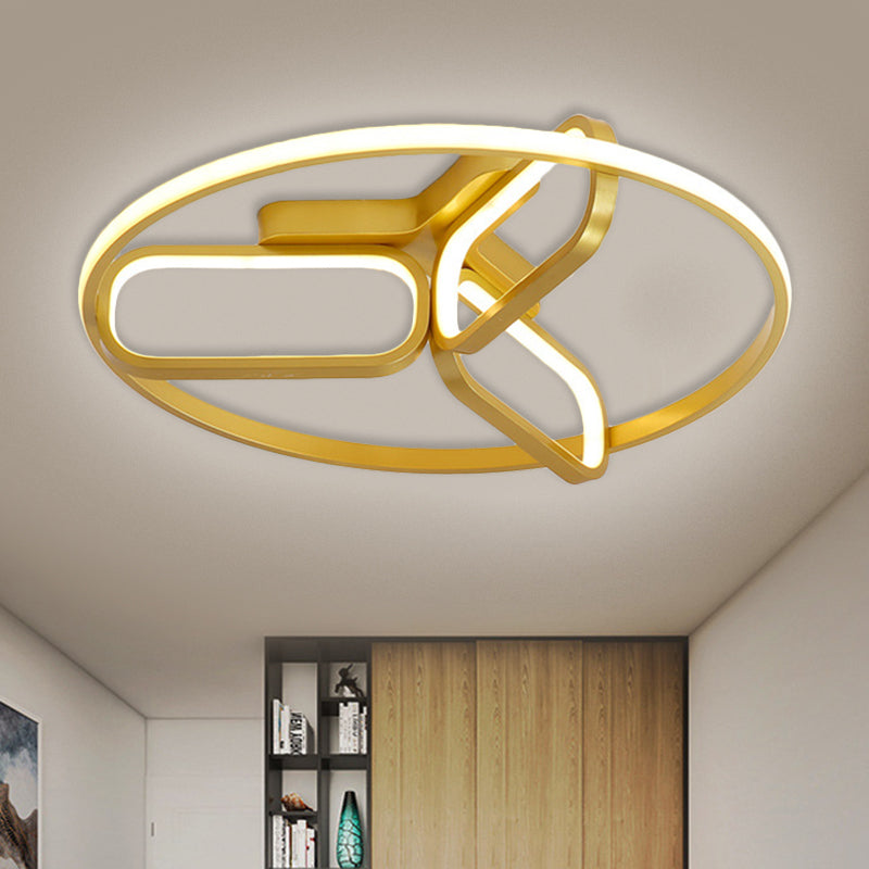 Modernist LED Ceiling Lamp Black/White/Gold Oval and Circle Flush Mount Lighting with Metallic Shade in Warm/White Light