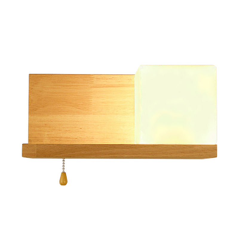Simple Cubic Wall Appince Light Verre opaque 1 lampe murale du salon de l'ampoule avec plaque arrière en bois oblongue en beige