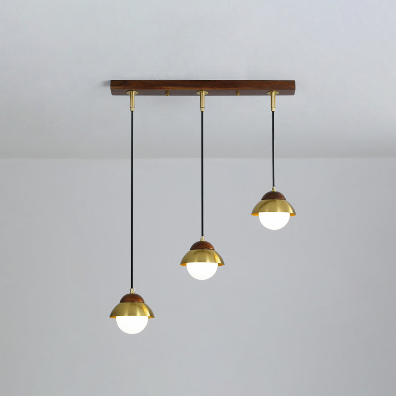 Metal Dome Multiple Lamp Pendant Simplicity 3-Bulb 12"/23.5" Width Brass Hanging Light Kit with Ball Opal Glass Shade