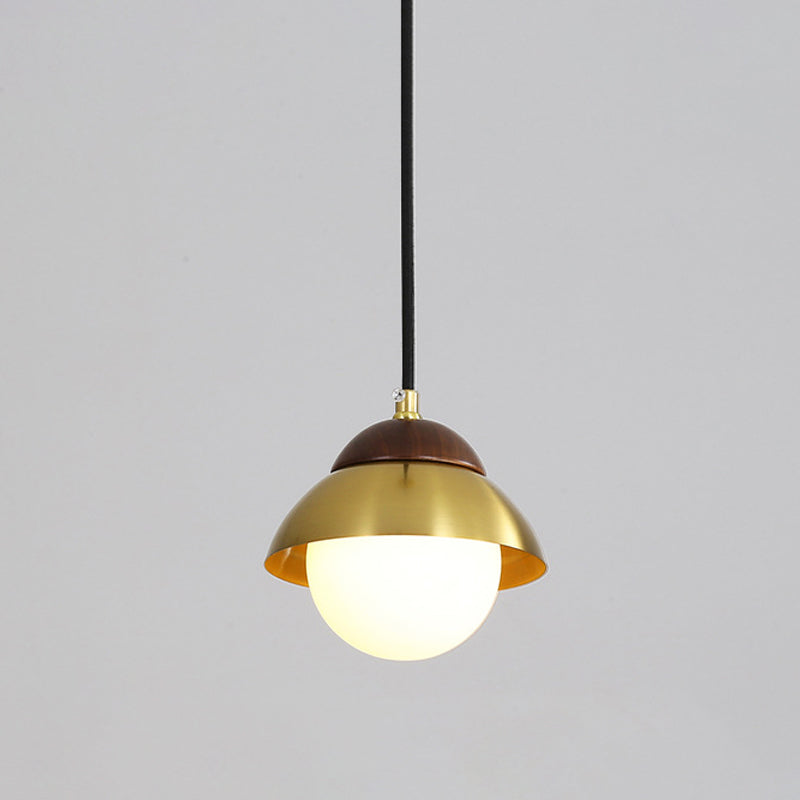 Dome Living Room Ceiling Pendant Metal 1 Bulb Minimalist Hanging Ceiling Light with Global White Glass Shade in Brass