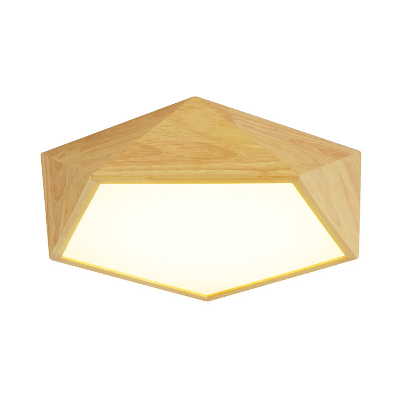 Wood Pentagon Frame Ceiling Lighting Modern 16.5"/20.5"/24.5" Wide LED Flush Mount Lamp Fixture in Beige, Warm/White Light