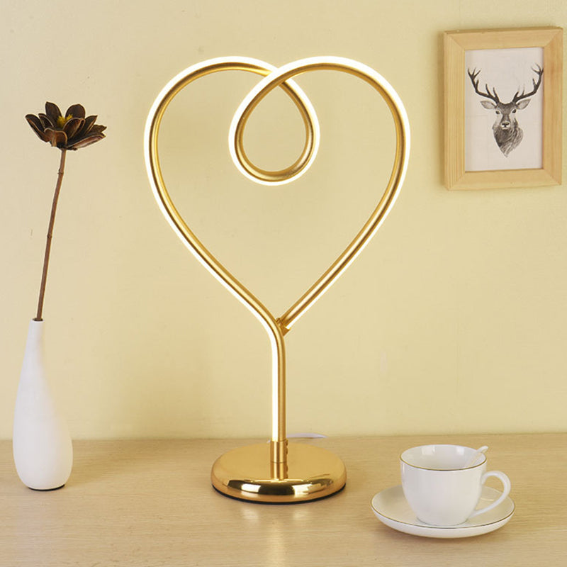 Loving Heart Night Lighting Simple Metal White/Gold LED Desk Lamp with Round Pedestal in Warm/White Light for Bedroom