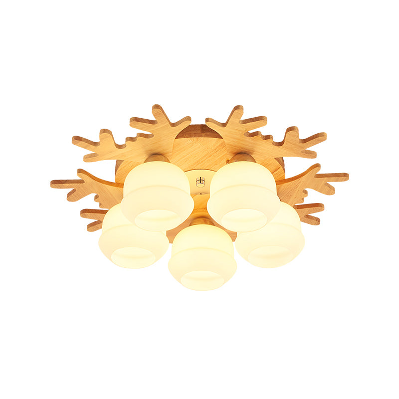 Jar White Glass Flush Lamp Fixture Modern 5/7 Bulbs Beige Ceiling Mounted Fixture with Wood Antler Design