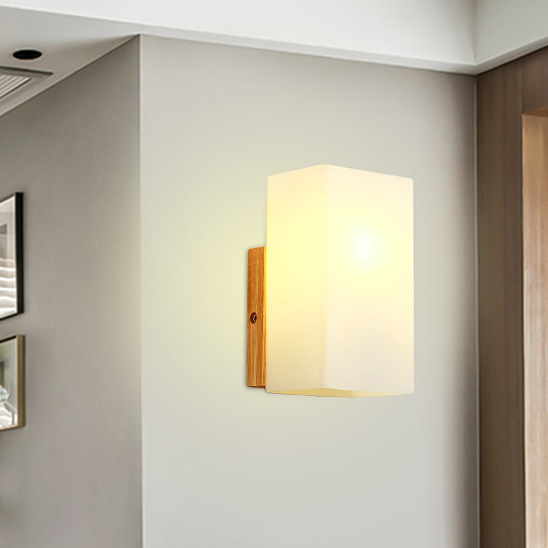Kubus wandbevestiging verlichtingsarmatuur minimalisme opaalglas 1 kop beige oppervlakte wand sconce met houten details