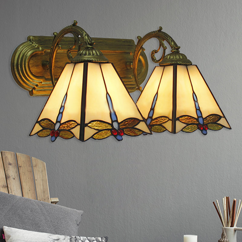 Lodge Wall Sconce Light with Dragonfly Pattern 2 Heads Stained Glass Wall Mount Light in Black/Bronze