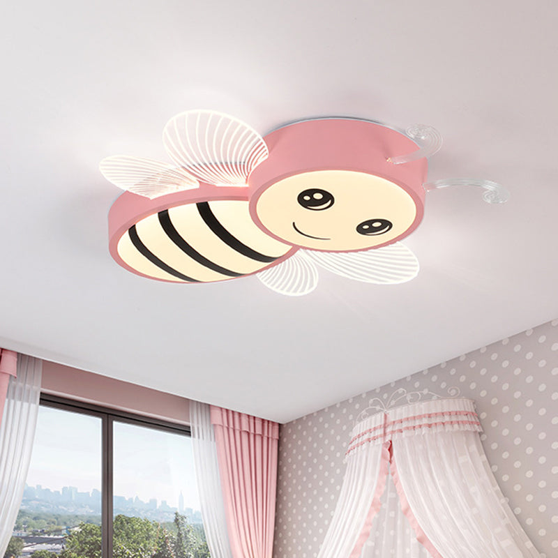 Bee Flush Mount Fixture Kids Plastic Pink/Yellow/Blue LED Close to Ceiling Lamp for Children Bedroom