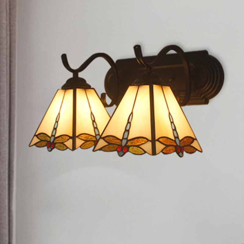 Lodge Wall Sconce Light with Dragonfly Pattern 2 Heads Stained Glass Wall Mount Light in Black/Bronze
