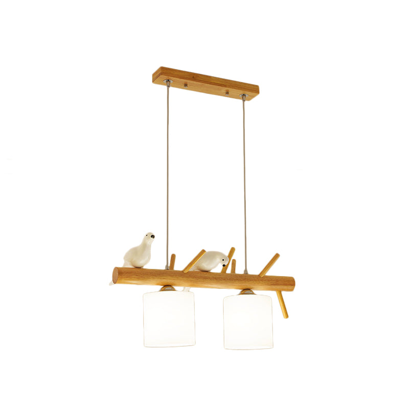 Beige Drum Island Lighting Ideas Simple 2/3 Heads Opaque Glass Pendant Lamp with Bird on Wood Branch Beam Design