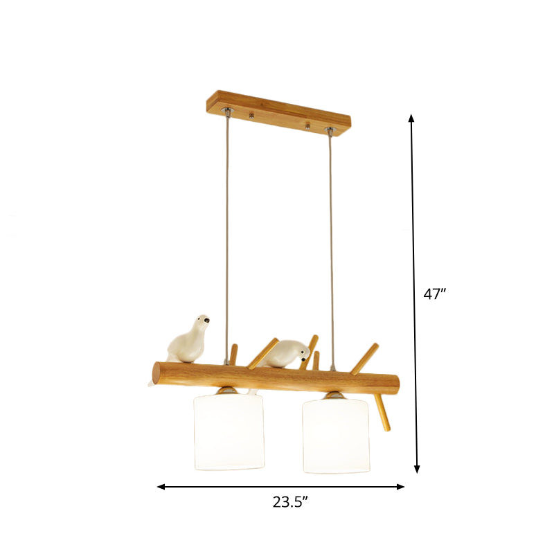 Beige Drum Island Lighting Ideas Simple 2/3 Heads Opaque Glass Pendant Lamp with Bird on Wood Branch Beam Design