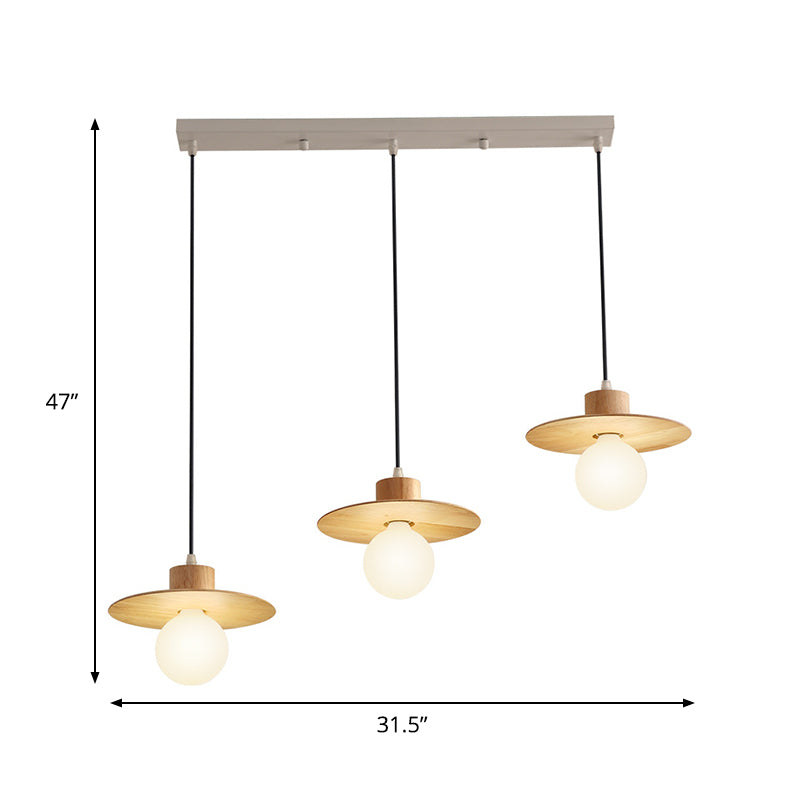 Modernism Disk Hanging Lamp Kit Wood 3-Head Dining Room Multiple Ceiling Light in Beige