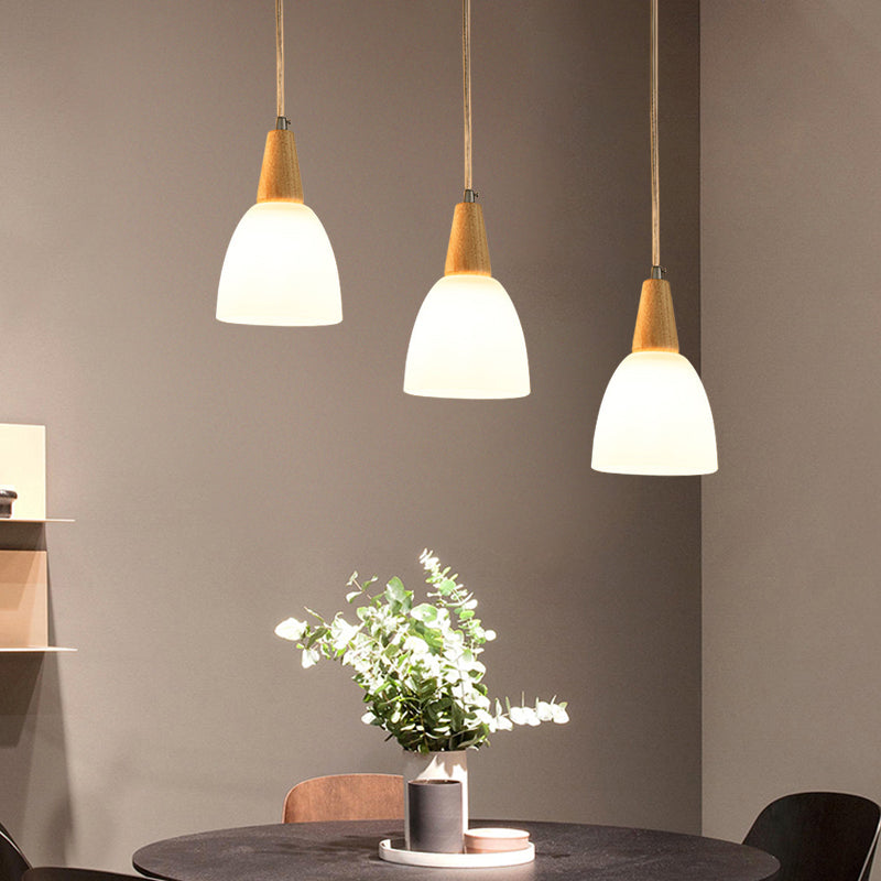 Frosted Glass Dome Suspension hanger hedendaags 3-licht beige hangende lamp armatuur met houten top