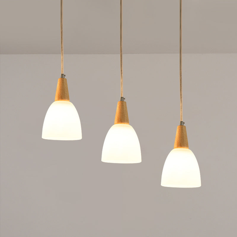 Frosted Glass Dome Suspension hanger hedendaags 3-licht beige hangende lamp armatuur met houten top