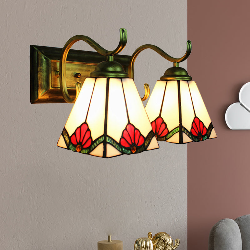Craftsman Pyramid Wall Sconce Stained Glass 2 Lights Art Deco Wall Lighting with Rectangle Backplate for Bathroom
