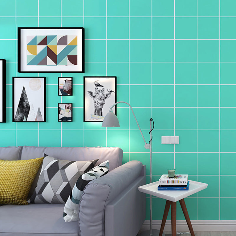 Washable Non-Pasted Grid and Square PVC Wallpaper in Green and White