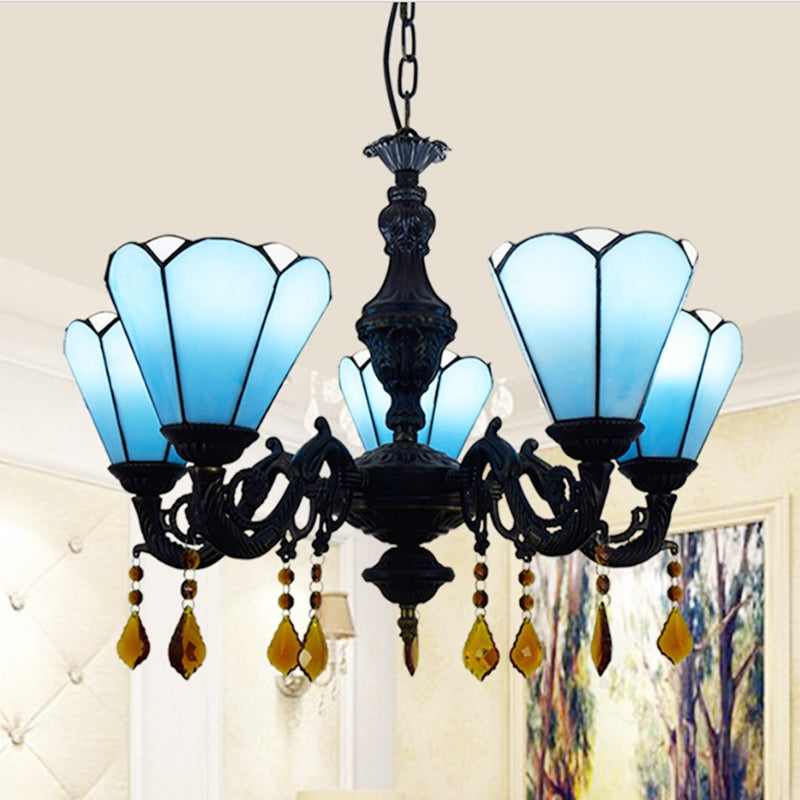 Tiffany Style Cone-Shaped Hanging Light Stained Glass 5 Lights Decorative Crystal Chandelier in Blue