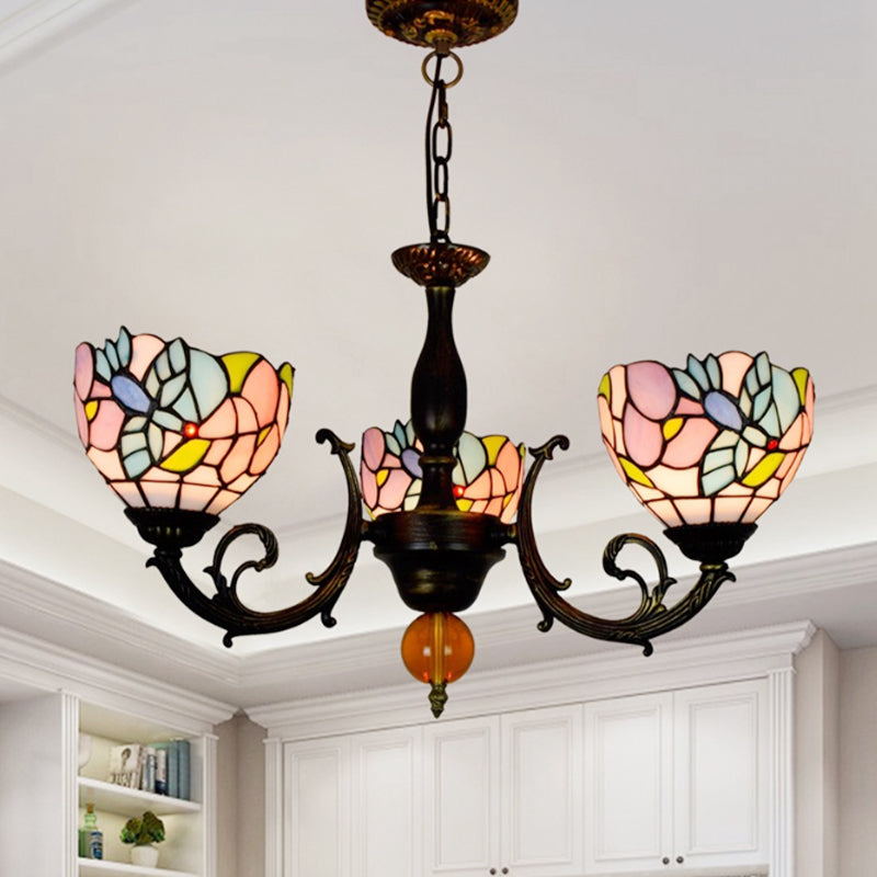 Lodge Bowl Chandelier Stained Glass 3 Lights Inverted Chandelier with Flower Pattern for Dining Room