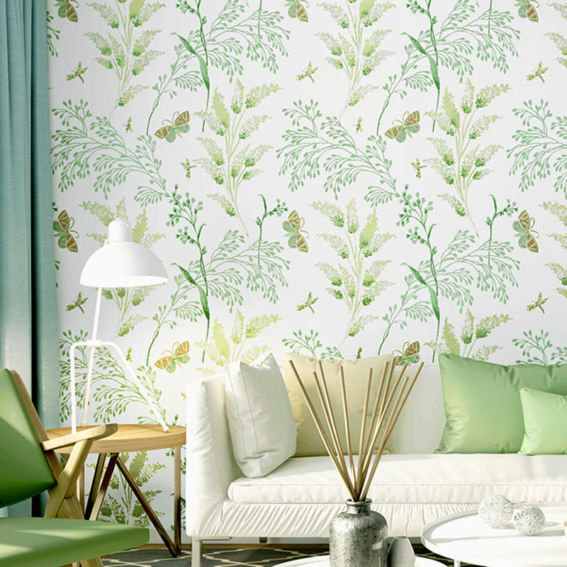 Guest Room Wallpaper with Light Green Dense Flower Patter and Branch, 33'L x 20.5"W, Non-Pasted