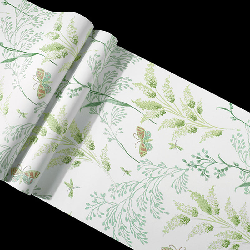 Guest Room Wallpaper with Light Green Dense Flower Patter and Branch, 33'L x 20.5"W, Non-Pasted