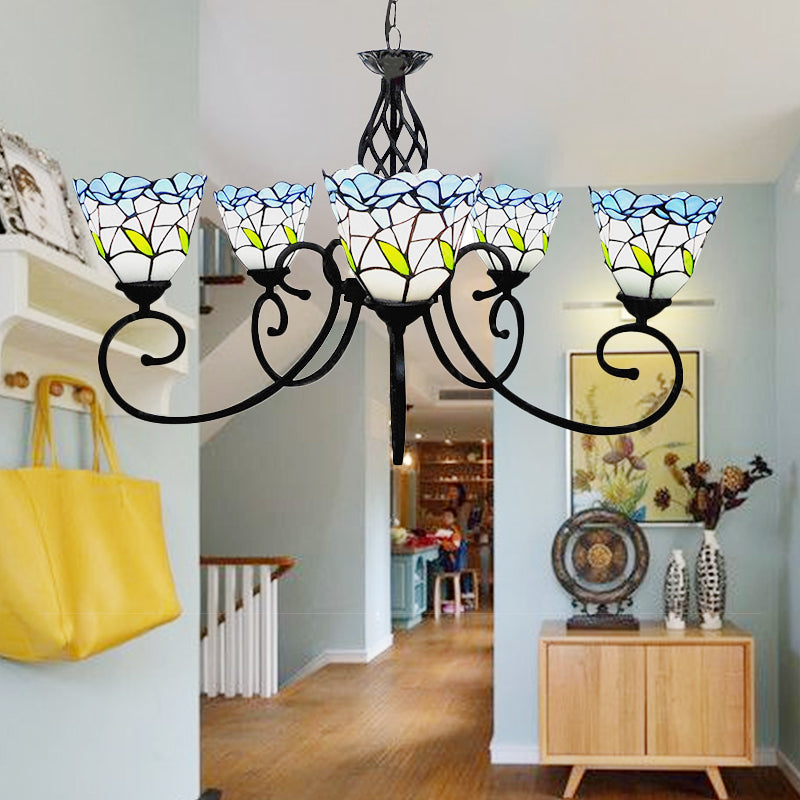 5 Heads Floral Ceiling Chandelier Light Tiffany Style Stained Living Room Pendant Light in Blue